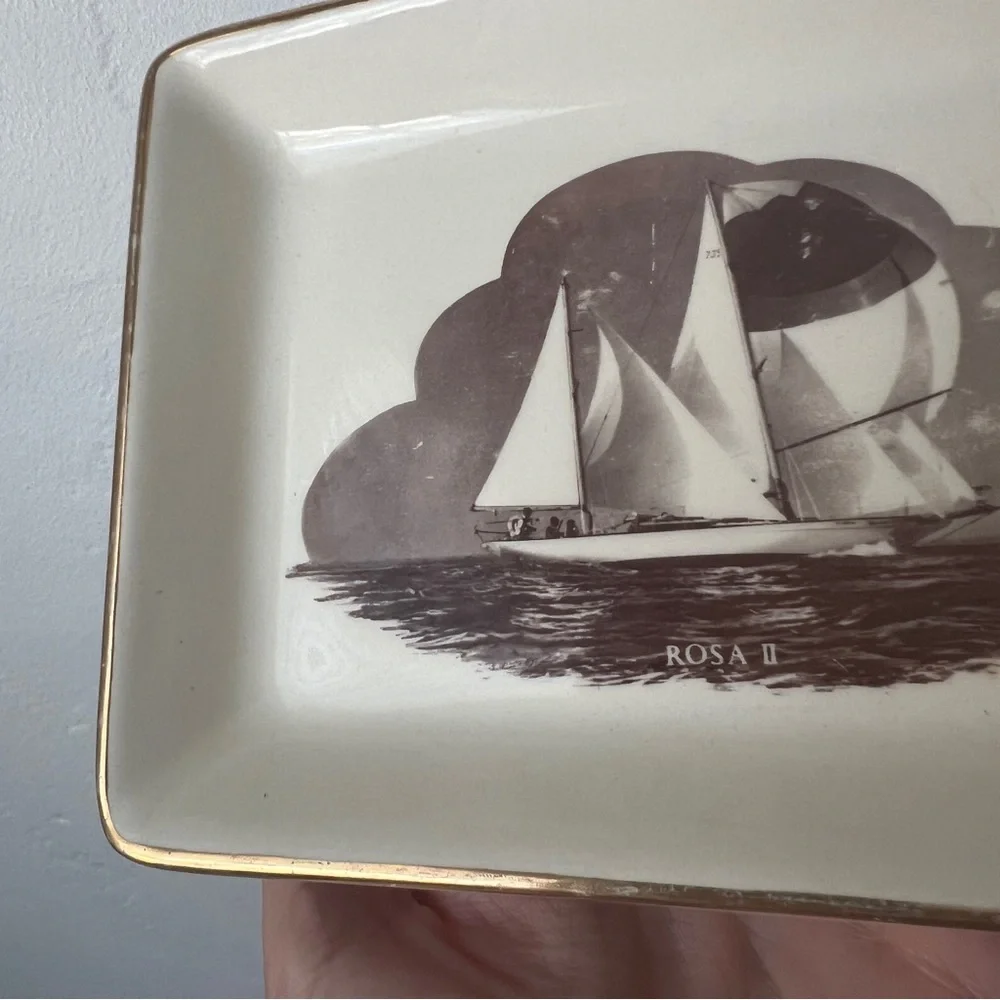 Vintage MCM Sailboat trinket dish decorative plate gilded Delano Studios 1965